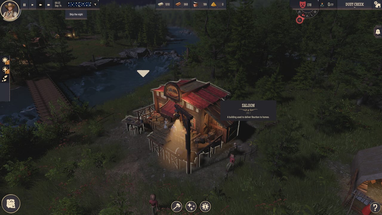 Night view of a Wild West Pioneers saloon beside a river in Dust Creek, with bourbon delivery tooltip and settlement HUD