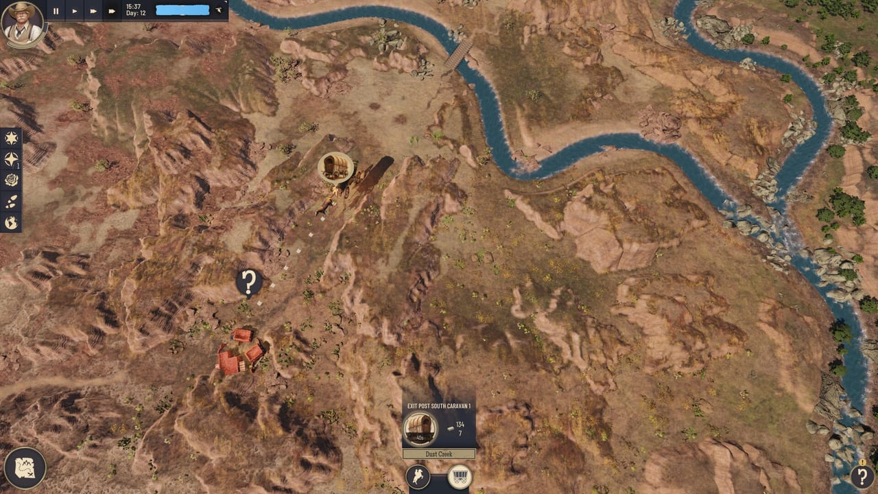 Wild West Pioneers world map showing a covered wagon caravan crossing canyon country toward Dust Creek